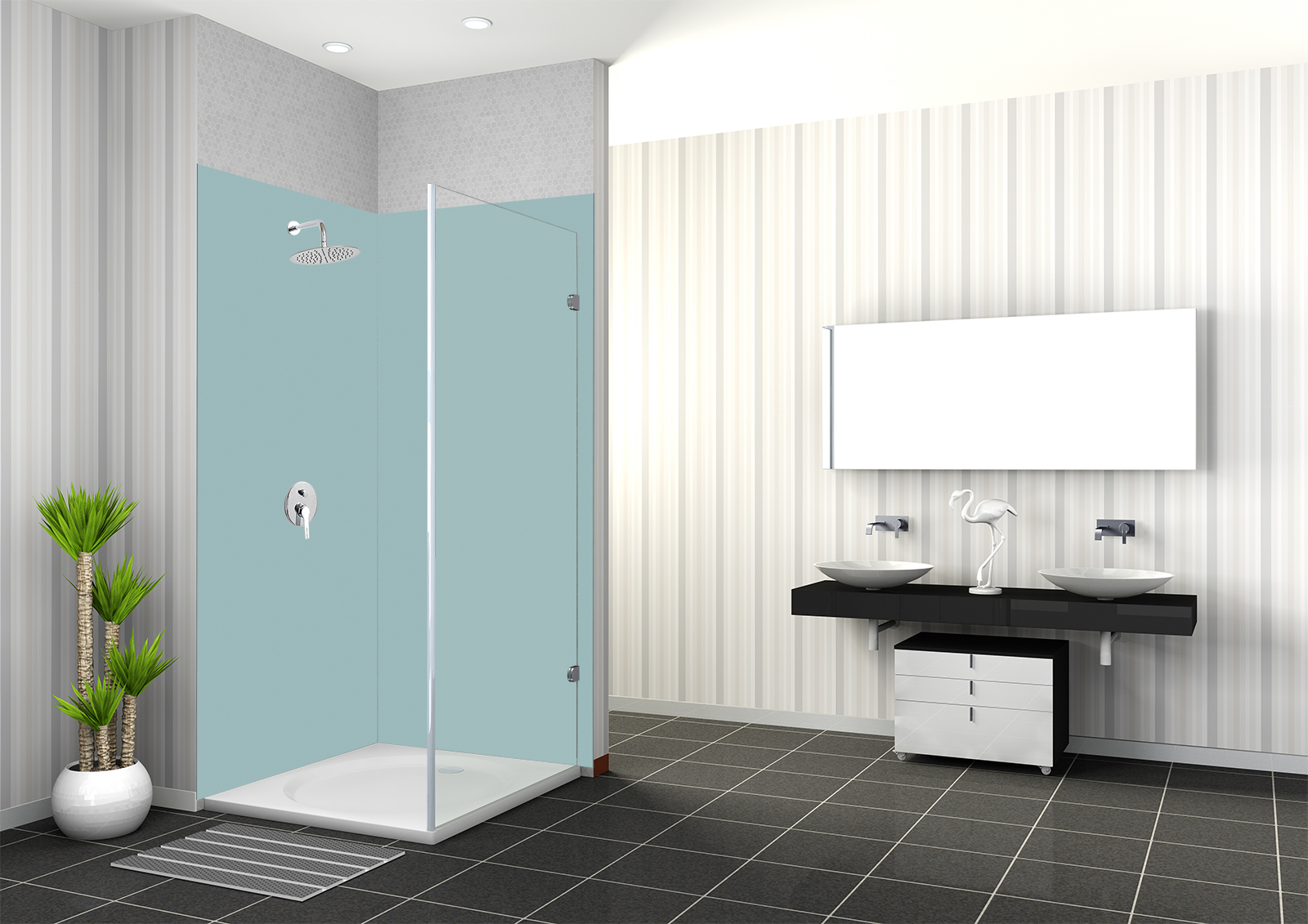 Dusche mit türkisfarbenem Glasabtrennung in modernem Badezimmer, zwei Waschbecken und Pflanzen im Hintergrund.