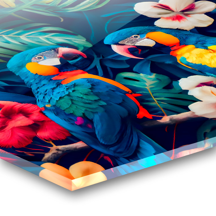 Acrylmaterial mit bunten Papageien und tropischen Pflanzenmotiven.
