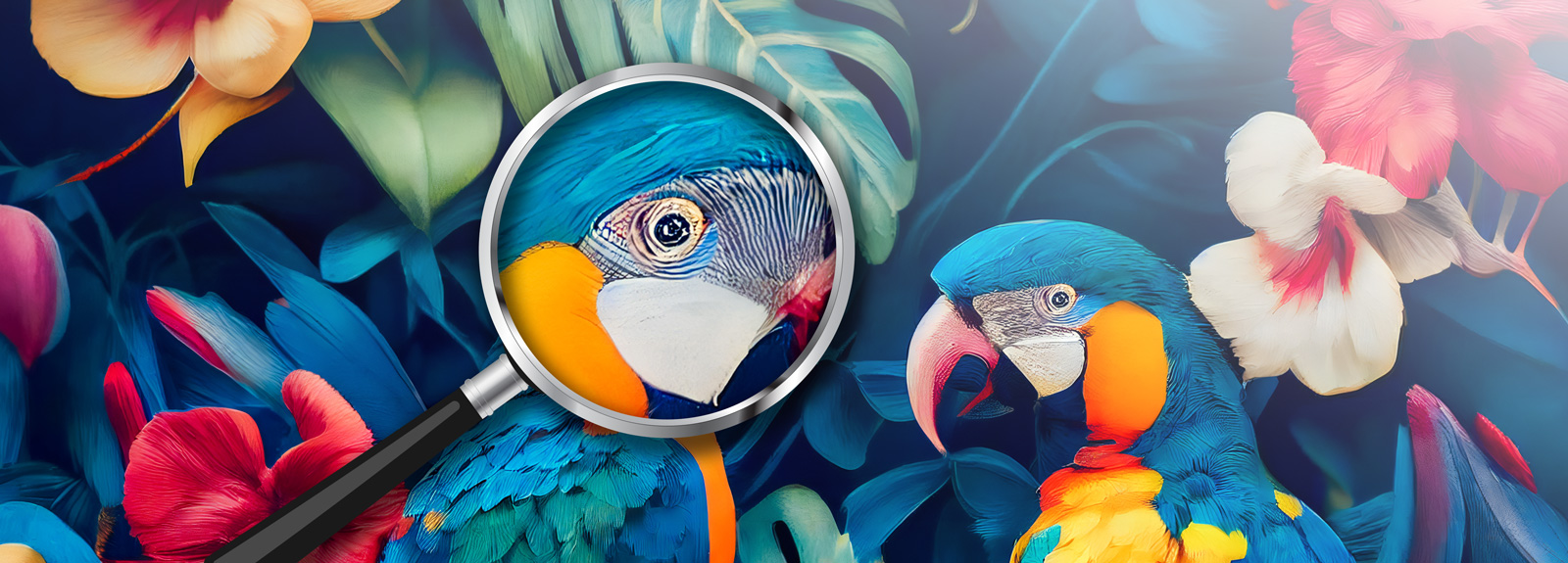 Papageien mit Lupe, die Details eines Papageis vergrößert zeigt, umgeben von bunten Blumen.