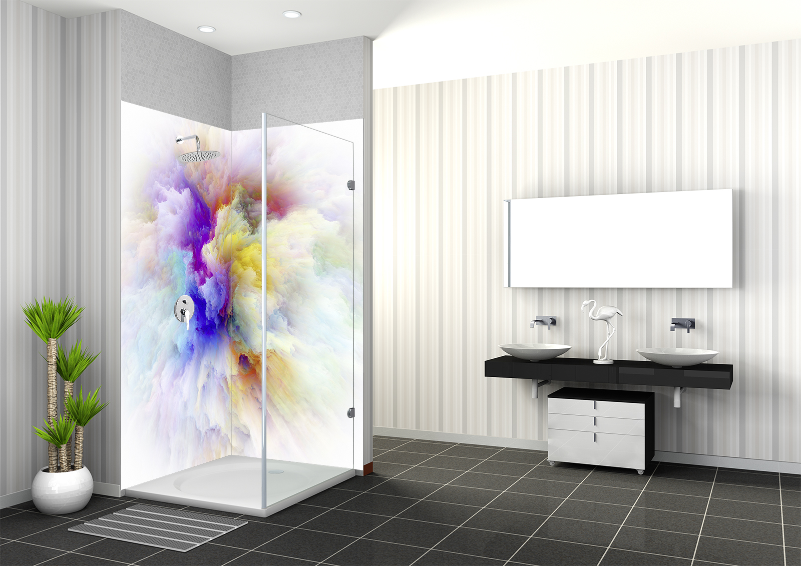 Dusche mit abstraktem Farbdesign in einem modernen Badezimmer, inklusive Waschbecken und Pflanzen.