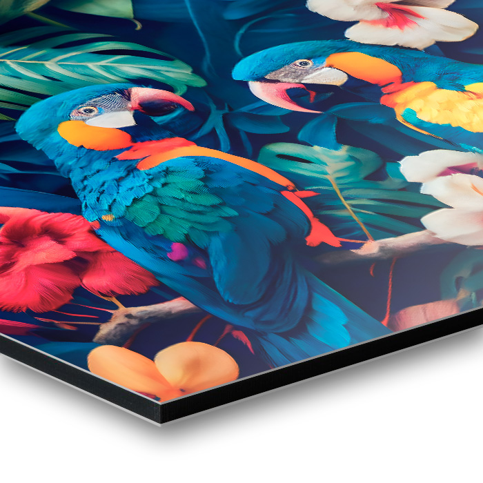 Dibond Shield Matt mit bunten Papageien und tropischen Pflanzenmotiven.