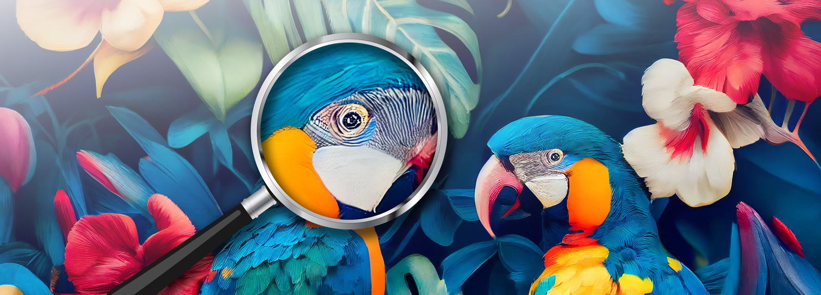 Detailansicht eines Papageis durch eine Lupe, umgeben von bunten Blumen.