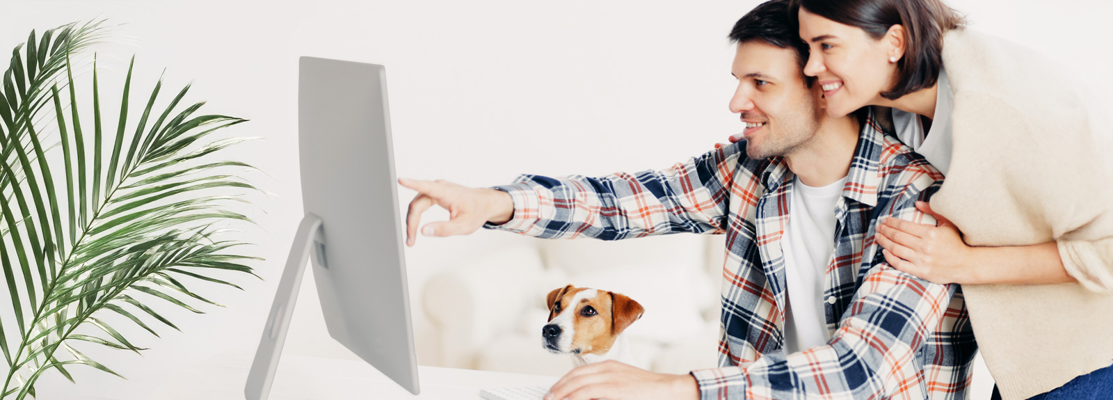 Ein Paar sitzt am Computer, der Mann zeigt auf den Bildschirm. Eine Hund sitzt neben ihnen. Im Hintergrund eine Pflanze.