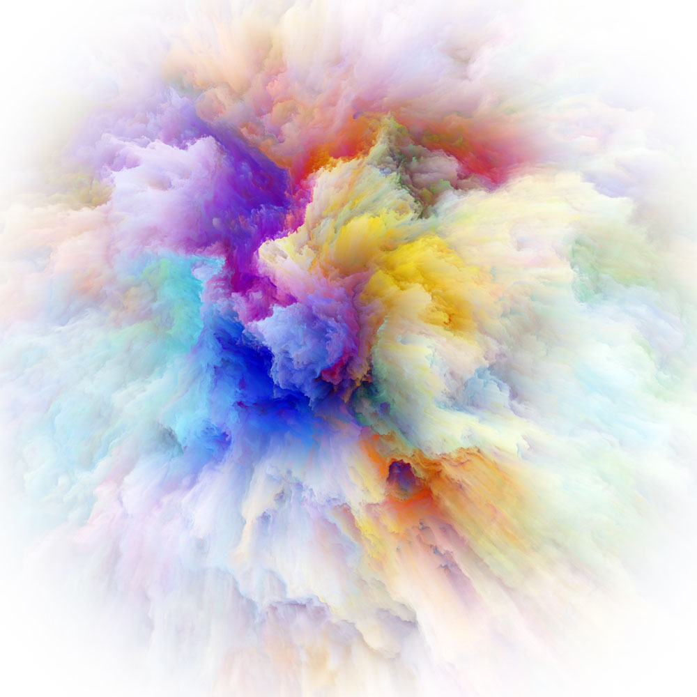 Abstrakte Farbexplosion in sanften Pastelltönen mit blauen und lila Akzenten.