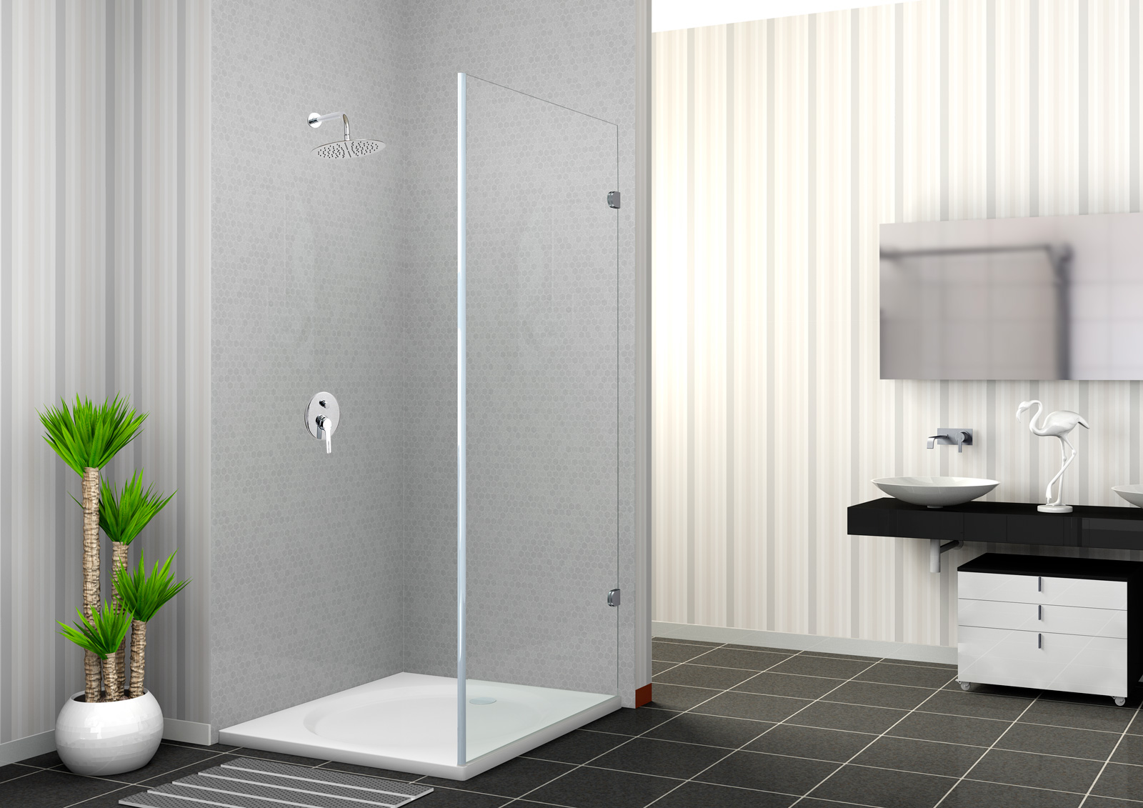 Moderne Dusche mit Glasabtrennung in einem Badezimmer, graue Wände, schwarze Fliesen, Pflanzen und Waschbecken im Hintergrund.