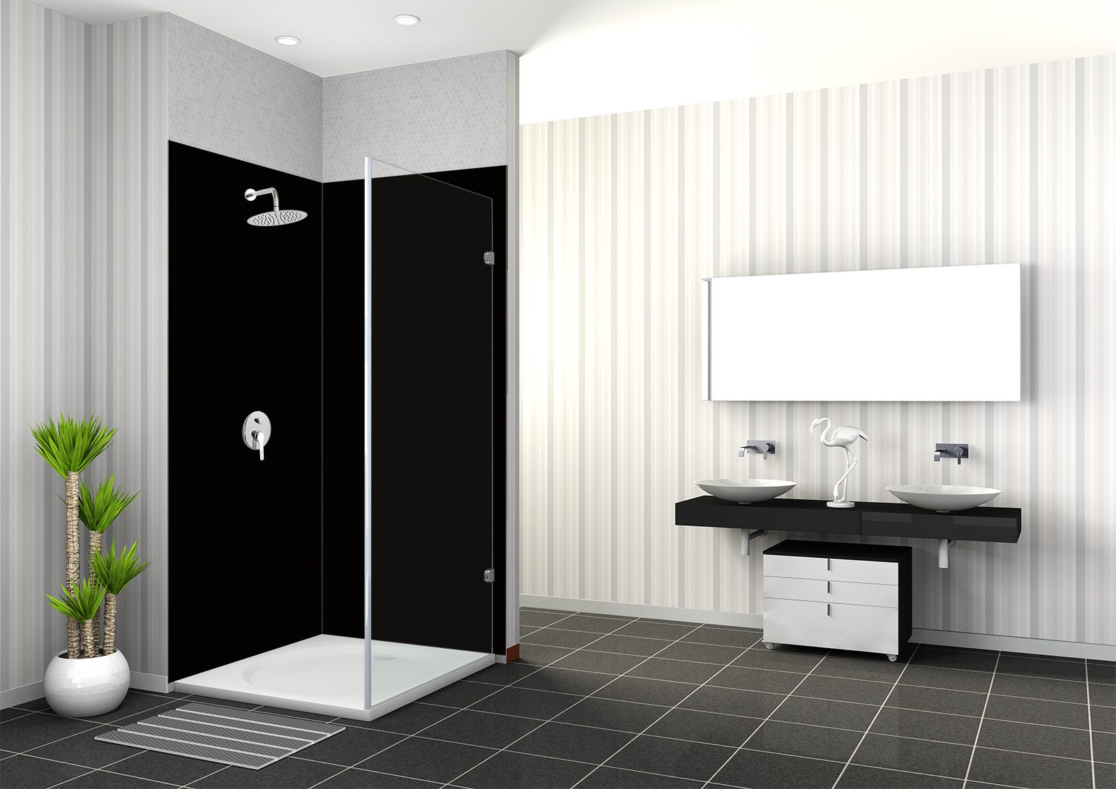 Moderne Dusche in Schwarz mit Glasabtrennung, daneben zwei Waschbecken auf schwarzem Unterschrank und Wandspiegel.