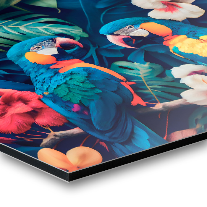 Dibond Basic mit bunten Papageien und tropischen Pflanzenmotiven.