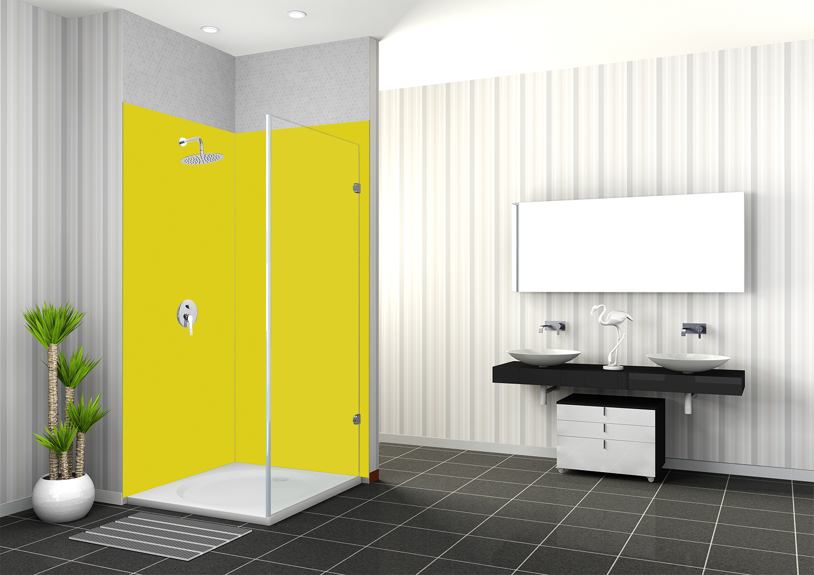 Duschbereich mit gelber Wandfarbe, moderner Badezimmerausstattung und zwei Waschbecken.