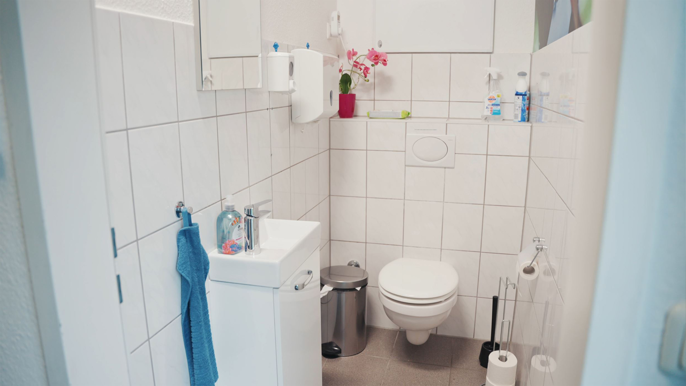 Vorher-Bad mit weißen Fliesen, Waschbecken, Toilette und Handtuchhalter. Pflanzen und Hygieneartikel sichtbar.