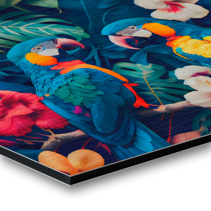 Dibond Brush Metal mit bunten Papageien und tropischen Blumen auf einer farbenfrohen Hintergrundgestaltung.