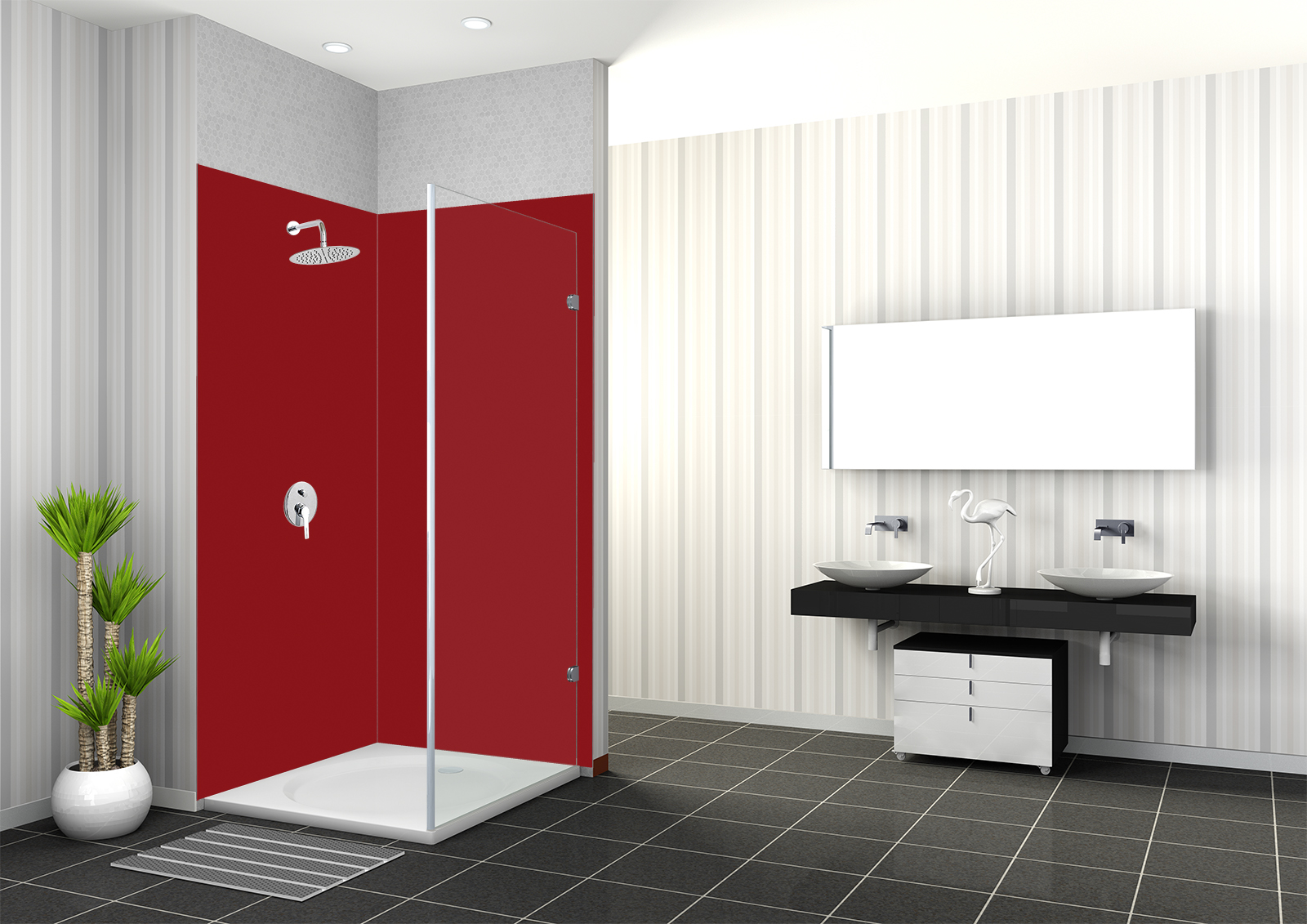 Duschrückwand in roter Farbe, moderne Dusche mit Glasabtrennung, Waschbecken und Spiegel im Badezimmer.