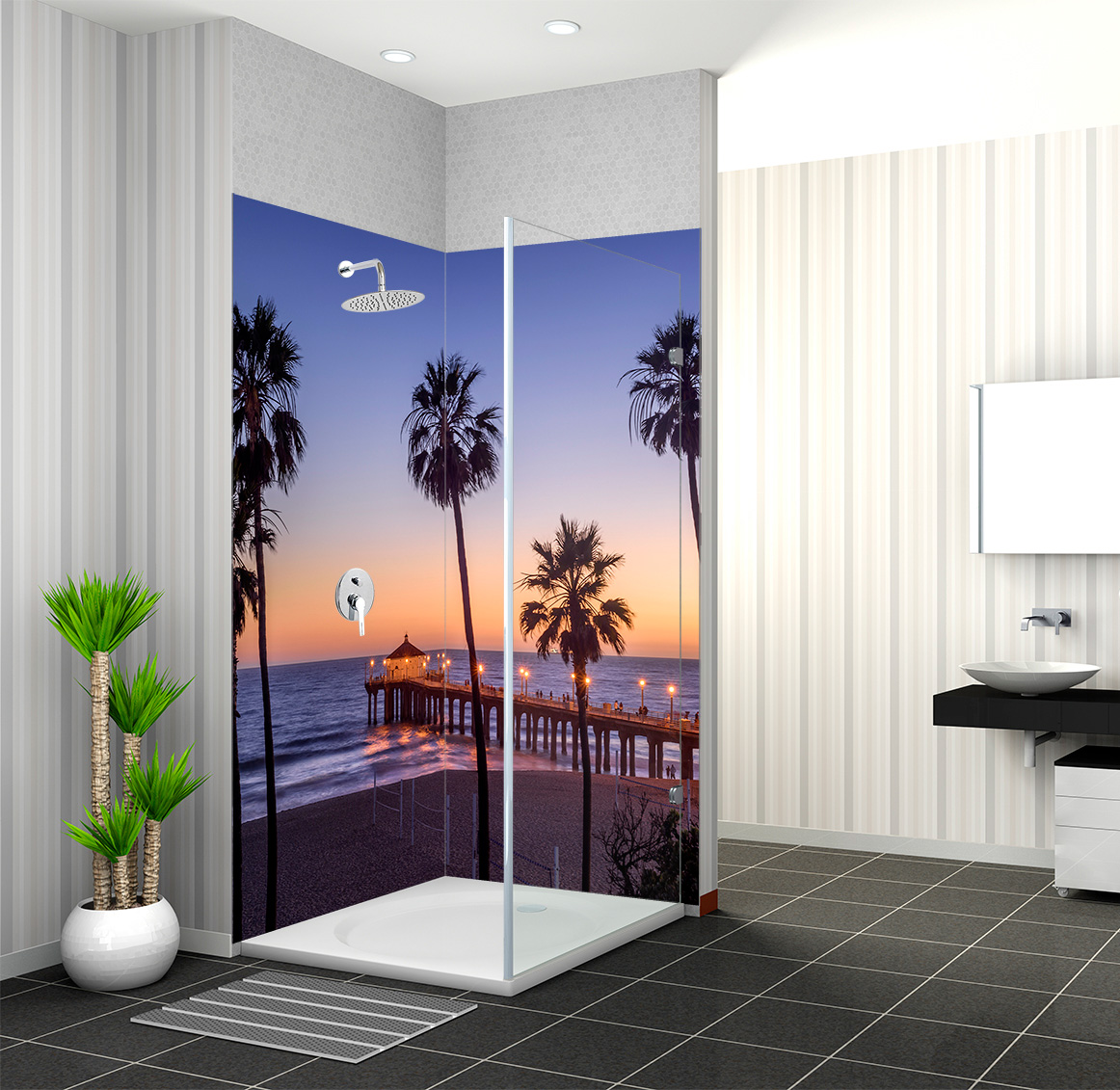 Duschwand mit Palmen und Sonnenuntergang am Strand, Badezimmer mit grauen Fliesen und moderner Ausstattung.