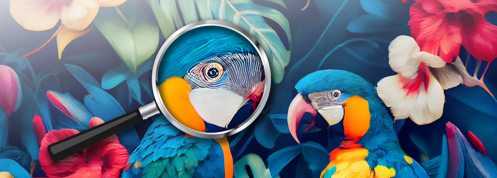 Papagei mit Lupe, die Details des Gefieders zeigt, umgeben von bunten Blumen.