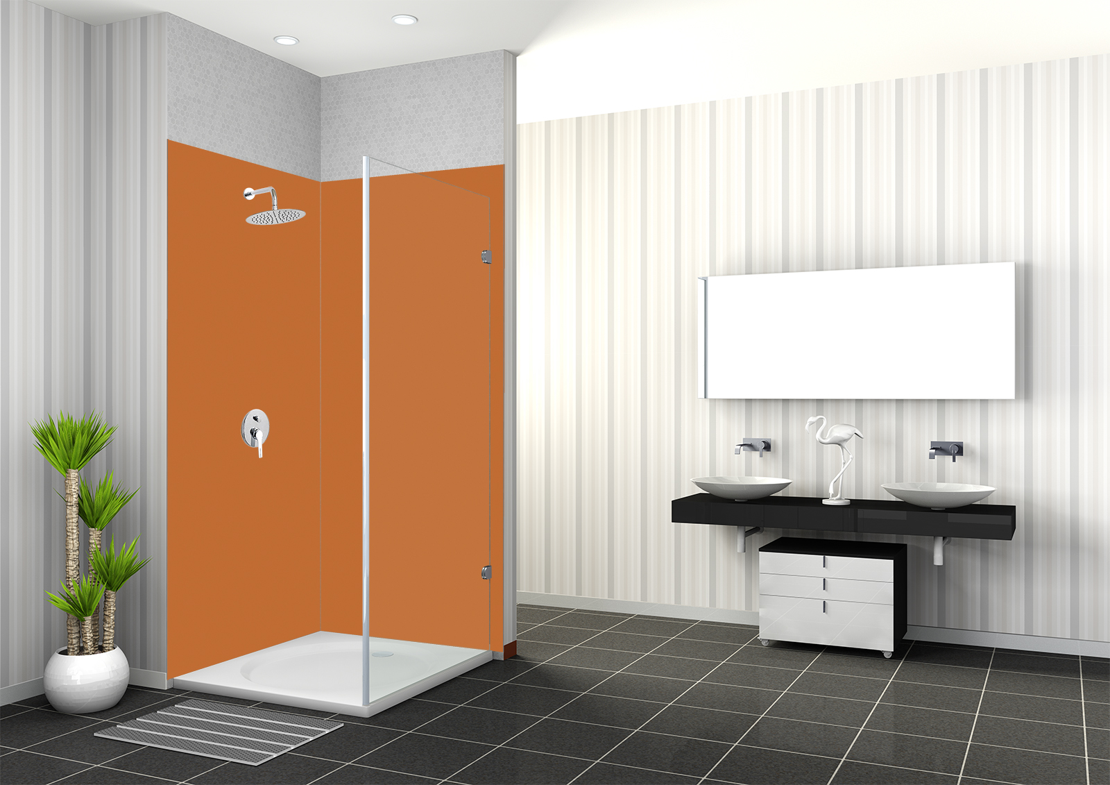 Moderne Badezimmeransicht mit orangefarbener Duschwand, zwei Waschbecken und eleganter Einrichtung.